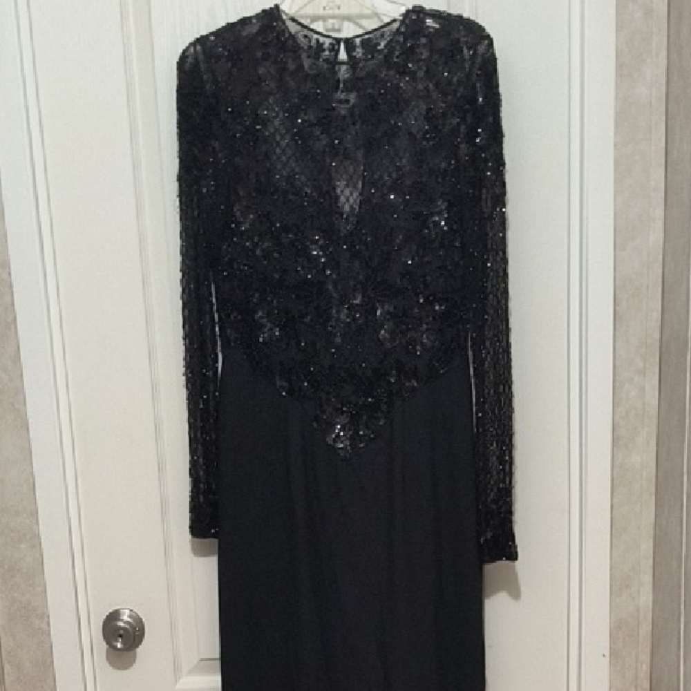 Black Long Sleeve Crew Neck Gown with Lace Overlay